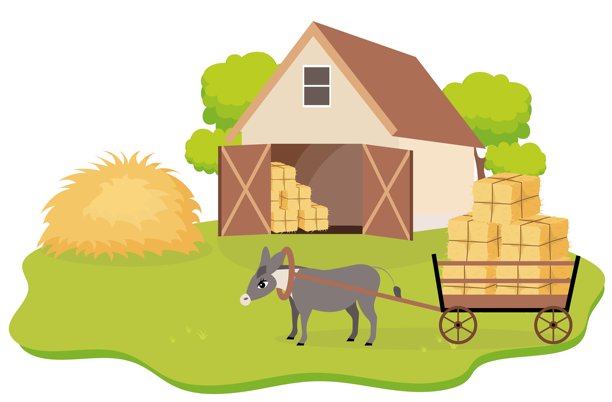 农场动物。可爱的农场。一头驴在农场院子里拉着装满干草的车。农场动物在谷仓里的集合。婴儿平面插图。图片下载