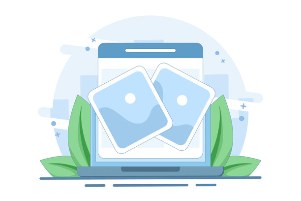 在线概念照片册和数字画廊。在网站或互联网观看电子照片文件，适用于个人电脑或笔记本电脑。计算机网络。平面卡通矢量插图。图片下载