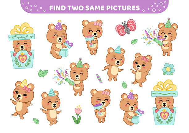 熊派对。找出两张相同的图片。儿童游戏。卡通，矢量图。图片下载