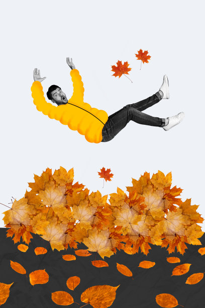惊讶的男孩在秋季公园的干枯落叶上跳跃，穿着温暖的外套，垂直照片拼贴，背景为涂鸦风格。图片下载