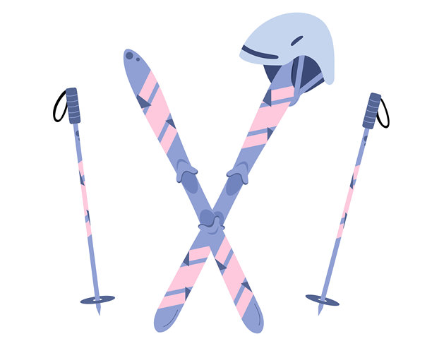 黄色、橙色和绿色的滑雪板、滑雪杖和头盔套件，孤立在白色背景上。手绘的平面风格矢量插图。冬季山地运动装备。贴纸设计，绘图。图片下载