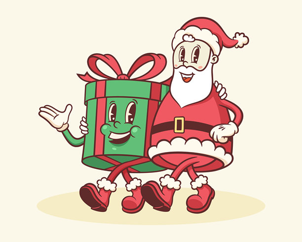 复古风格的圣诞酷圣诞老人和礼品盒角色。卡通圣诞人物插图。冬季假日吉祥物模板背景。快乐的复古酷画作，独立展示。图片下载