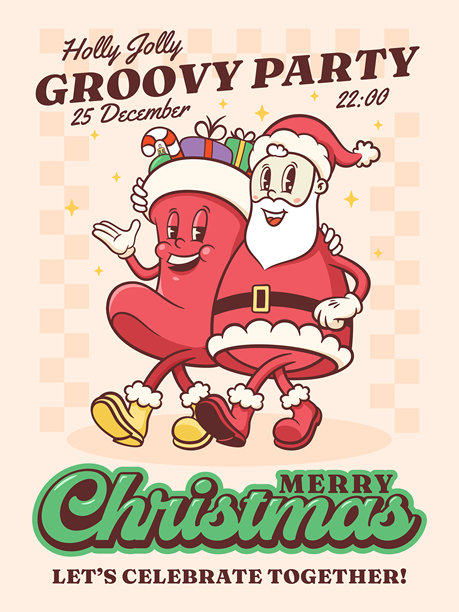 复古风格的圣诞酷圣诞老人和礼物袜角色。卡通圣诞人物插图。冬季假日吉祥物模板背景。快乐的复古酷画作，独立展示。图片下载