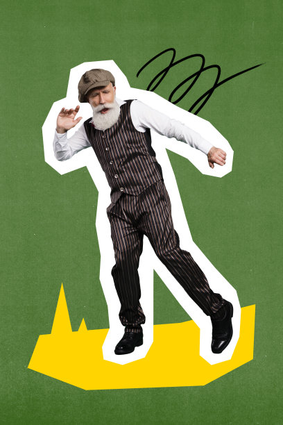 快乐的老人在周末聚会中穿着正式西装和帽子跳舞的竖版照片拼贴，背景为涂鸦风格。图片下载