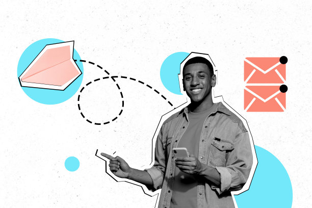 快乐的美国男子手持手机、信封、纸飞机和信使图标的合成照片拼贴，背景为涂鸦风格。图片下载