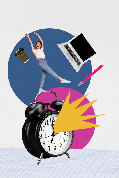 快乐女孩办公室经理的垂直照片拼贴，配有办公用品、闹钟、咖啡杯、笔和日程表，背景为涂鸦风格。图片下载