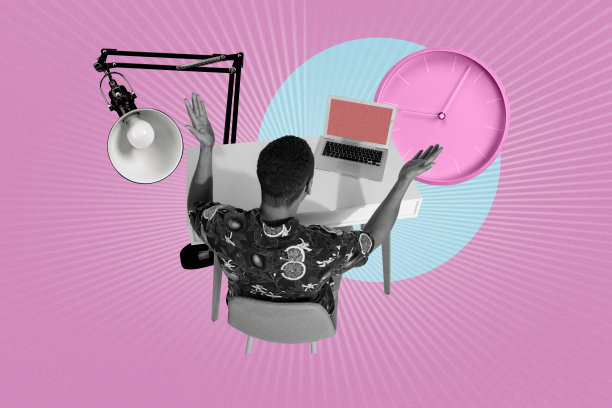 办公室经理年轻男性的复合趋势艺术作品，3D草图图像，照片拼贴，工作桌，笔记本电脑，时钟，手势，台灯，工作空间图片下载