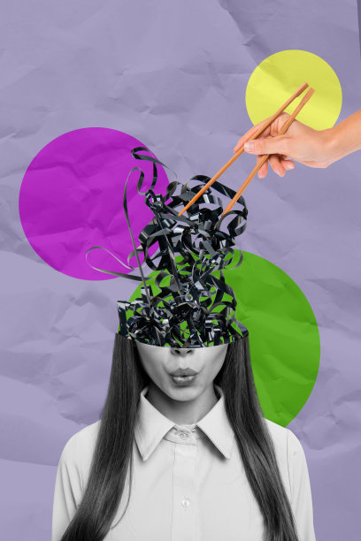 趋势艺术素描图像，照片拼贴，半脸年轻女性肖像漫画，手持筷子吃食物，磁带音乐图片下载