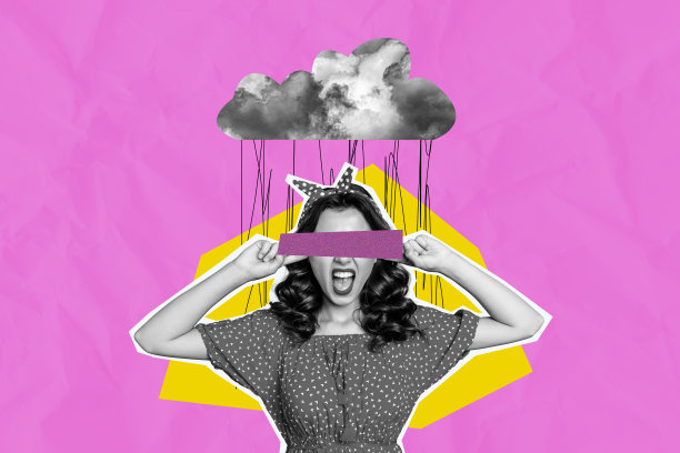 复合趋势艺术作品 3D 草图图像 照片拼贴 轮廓年轻女性 复古风格发型 坏心情 云雨天气 遮住眼睛图片下载