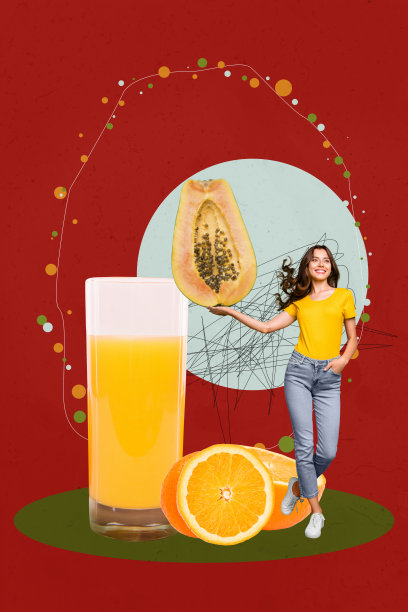 快乐女孩的垂直照片拼贴，展示了木瓜水果、热带橙子、柑橘多种维生素果汁和排毒饮品，背景为涂鸦风格。图片下载