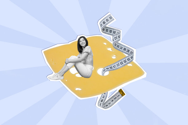 创意合成照片插图拼贴，快乐的女性坐在奶酪上，手持卷尺，背景为涂鸦风格。图片下载