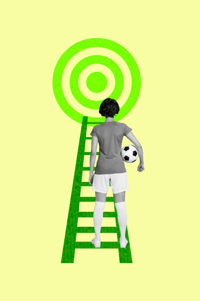 垂直照片拼贴，匿名足球女孩背对镜头，手持足球，瞄准梯子，象征成就，背景为涂鸦风格。图片下载