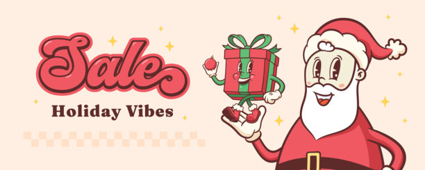 复古风格的圣诞酷圣诞老人和礼品盒角色。卡通圣诞人物横幅。冬季假日吉祥物模板背景。快乐的复古酷插图，独立展示。图片下载
