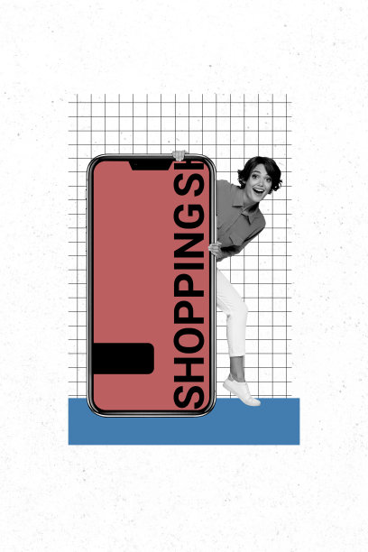 快乐女孩在涂鸦背景前透过手机设备查看黑色星期五购物优惠的垂直照片拼贴，展现消费主义。图片下载