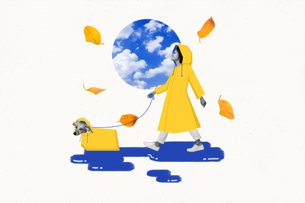 快乐女孩穿着风衣与可爱狗狗一起走在绘画背景下的照片拼贴图片下载