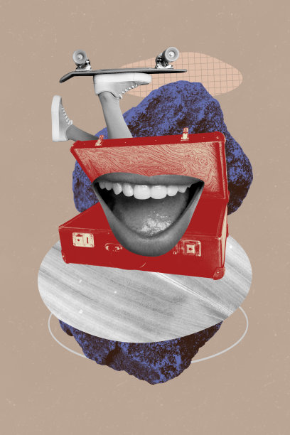 无脸微笑的腿骑着滑板的垂直照片拼贴，爱好牙科治疗，行李旅行，孤立在涂鸦背景上。图片下载