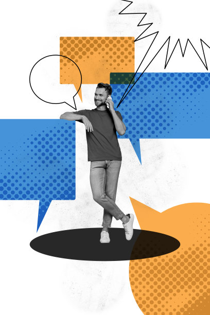 快乐男士在涂鸦背景下进行电话营销演讲的垂直照片拼贴，配有对话框气泡。图片下载