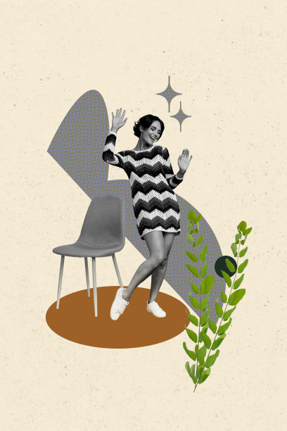 快乐女孩在室内椅子上跳舞的垂直照片拼贴，周末派对，背景为涂鸦，周围有植物和叶子，适合娱乐场合。图片下载