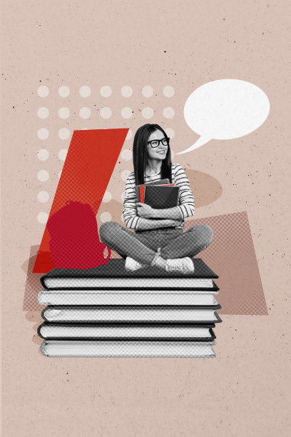 快乐的书呆子女孩手持笔记本，旁边有书堆和对话气泡，教育大学学习的垂直照片拼贴，背景为涂鸦风格。图片下载