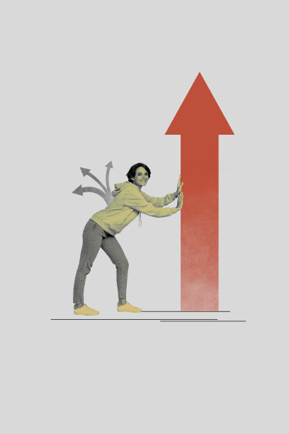 快乐女孩推动箭头统计数据发展工作晋升成功增长的垂直照片拼贴，背景为涂鸦风格。图片下载