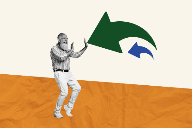 快乐老人的合成照片拼贴，舞蹈、推广、箭头指向成功的商人，象征成长，背景为涂鸦风格。图片下载