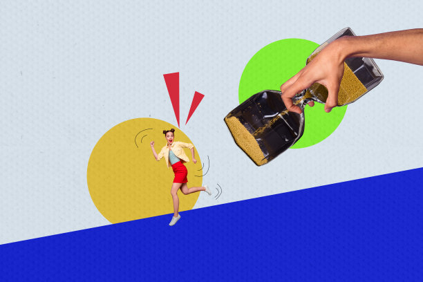 惊讶女孩的拼贴照片，手握沙漏，象征着时间限制和截止日期，背景为涂鸦风格。图片下载