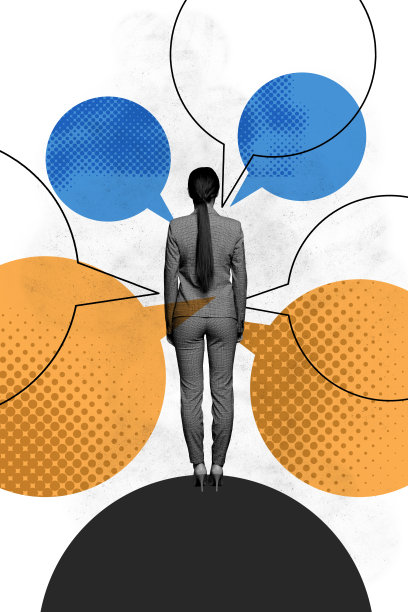 垂直照片拼贴，匿名女孩背对镜头，气泡沟通，演讲文本框短语，背景为涂鸦风格。图片下载