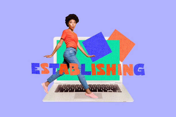 惊讶的美国女孩在涂鸦背景下走动，手握笔记本电脑键盘，建立新的创业公司，拼贴照片合集图片下载