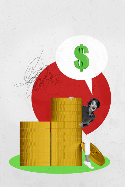 海报草图图像艺术作品，3D照片拼贴，年轻小女士坐在一堆硬币上，谈论预算、云朵、金钱、美元和收入。图片下载