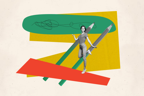 快乐女孩学生的教育概念拼贴照片，铅笔画涂鸦，大学高中，背景为彩绘。图片下载