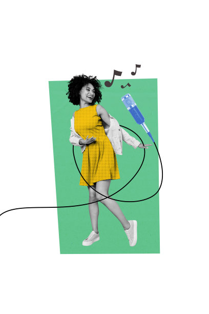 趋势艺术创意草图 3D 照片拼贴，派对无忧无虑的舞蹈，年轻女性移动风格，麦克风唱歌表演者，场合图片下载