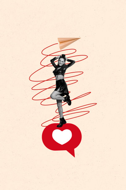 快乐性感的美国女孩在涂鸦背景上跳舞，形成心形的通知图标，竖版照片拼贴。图片下载