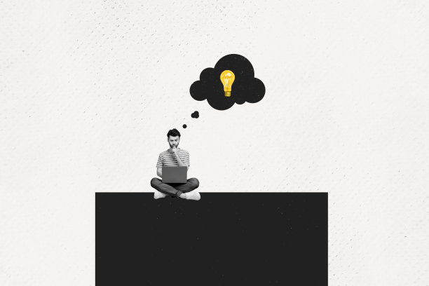 年轻创意总监的照片拼贴，专业人士在白色背景上进行头脑风暴，产生灵感的灯泡天才想法。图片下载