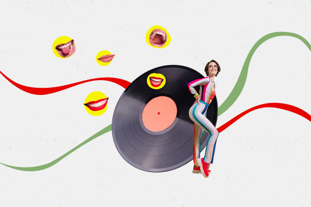 复合趋势艺术作品 3D 草图图像 照片拼贴 口部谈话 听音乐 黑胶唱片 复古派对 年轻女士 舞蹈风格 摆姿势图片下载