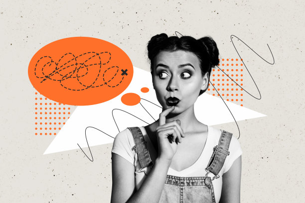 复合趋势艺术作品 3D 草图图像 照片拼贴 可爱的年轻女士 佩戴手表 左侧的思维气泡 心灵灯泡 交叉线条 道路地图点图片下载