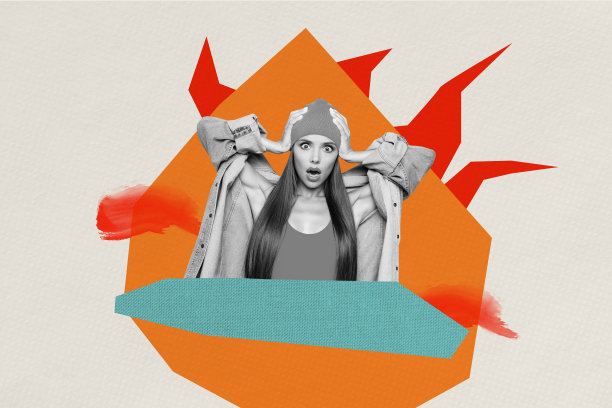 惊讶女孩的拼贴照片，手捂头，难以置信的概念，火焰、抑郁、情绪、震惊、失败，背景为涂鸦风格。图片下载