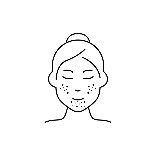 面部黑头、痤疮、皮疹的女性线条图标。女孩脸部粉刺轮廓图标。过敏、炎症皮肤、皮肤病问题。可编辑。图片下载
