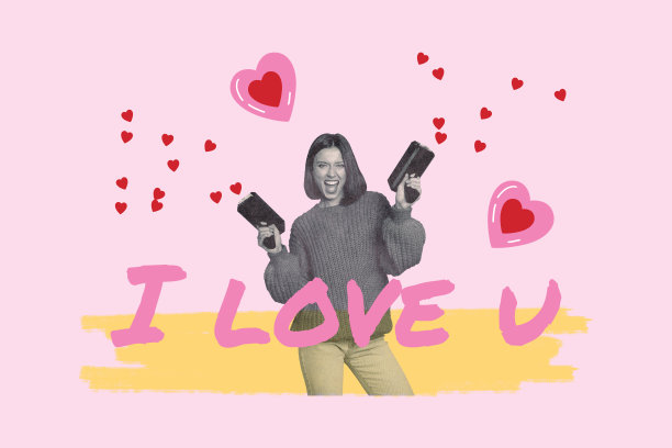 创意照片模板拼贴广告牌，疯狂兴奋的女性在粉色背景上开枪射击心形图案。图片下载