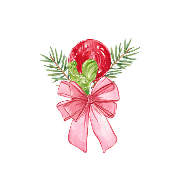 圣诞棒棒糖与松枝和粉色丝带蝴蝶结。节日装饰的水彩插图。一根红色棒棒糖和一只鸡的造型。非常适合节日贺卡和邀请函设计。图片下载