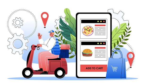 快递员送达在线订单。骑电动车的男子在智能手机旁边，享用快餐和外卖。在线购物和电子商务。扁平化矢量插图图片下载