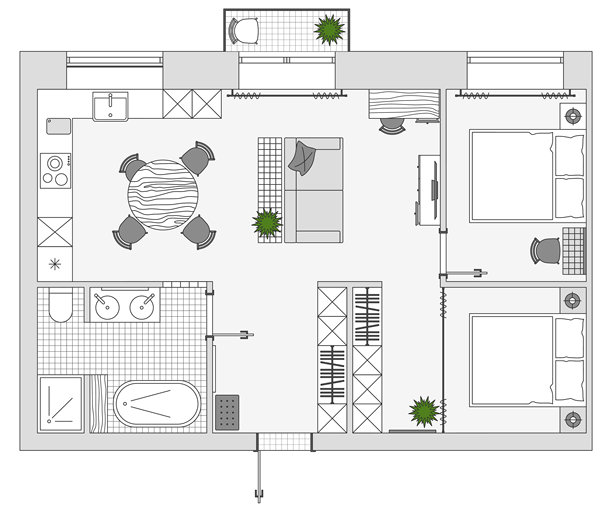 公寓规划与家具布置。房屋的建筑图纸（俯视图）。室内设计平面图。矢量布局。图片下载