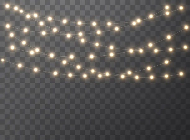 带有金色和黄色灯光的圣诞插图。电气彩灯库存图片。发光彩灯的矢量组。圣诞彩灯，圣诞节，矢量图像，照明设备，吊灯。图片下载