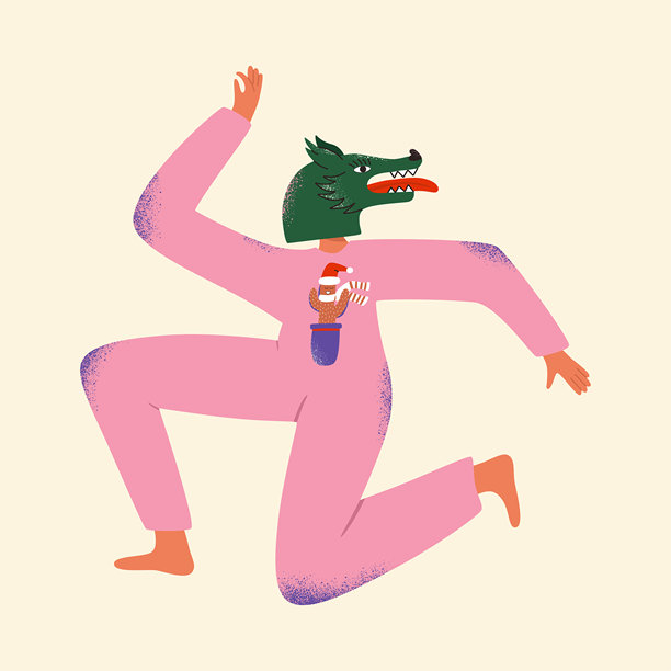 在狂欢节或圣诞派对上跳舞的女人，头戴龙头。穿着睡衣的女孩与仙人掌圣诞老人。明信片、海报、图标的矢量插图。图片下载