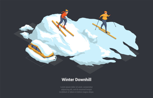 圣诞假期，冬季家庭度假，滑雪比赛。两个人，男士和女士，正在下坡滑雪，享受户外活动，冬季乐趣。等距3D卡通矢量插图。图片下载