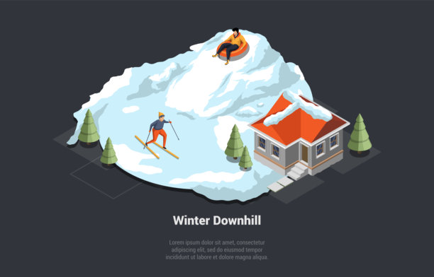 圣诞假期，冬季家庭度假。大人和孩子们在滑雪和骑充气雪橇下坡，享受户外时光，冬季的乐趣活动。等距3D矢量插图图片下载