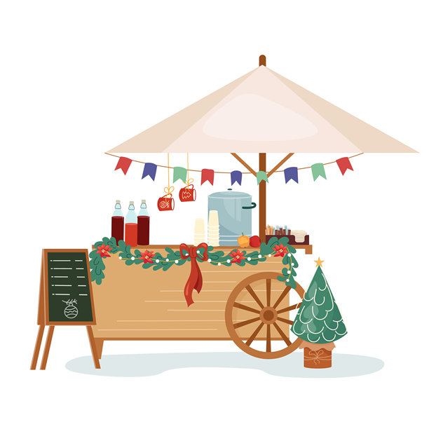 传统的圣诞热红酒小车装饰着松树枝。节日冬季摊位提供热饮。在假日集市的户外购物商店。平面矢量插图，独立展示。图片下载