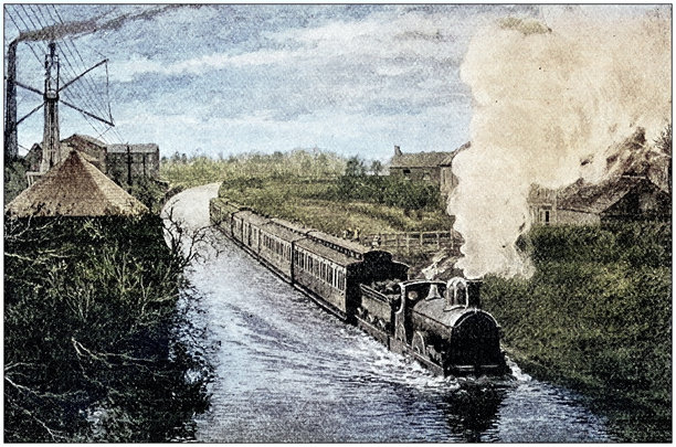 古董照片：洪水中的火车机车图片下载