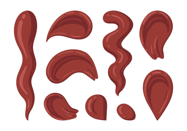 巧克力酱污渍。可可酱飞溅，巧克力酱蘸料，甜食调料的平面矢量插图，背景为白色。卡通巧克力酱污迹。图片下载