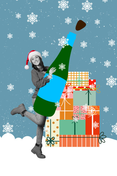 有趣微笑的女士庆祝圣诞节，打开葡萄酒瓶的照片素描图形拼贴艺术作品，背景为手绘风格。图片下载