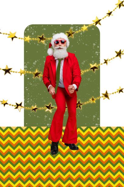 创意照片艺术拼贴，展示一个放松无忧的圣诞老人享受圣诞活动，背景为独立的绘画风格。图片下载